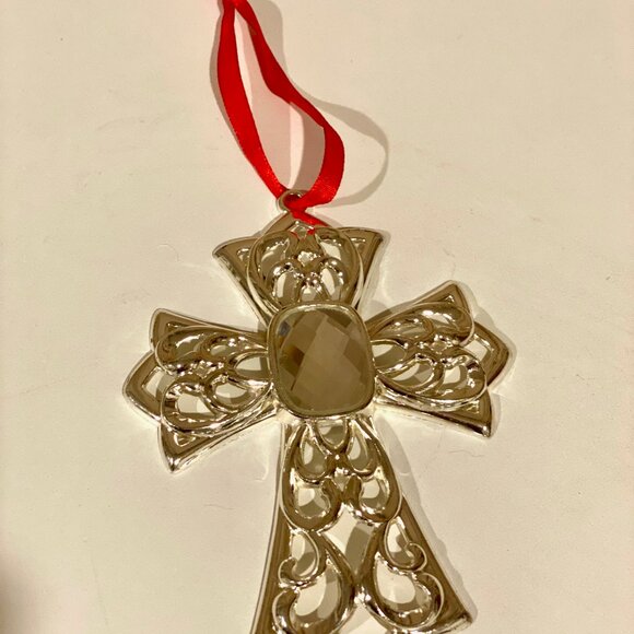 Lenox Silver Cross Christmas Ornament 4.5" x‎ 3.5" with Red Ribbon - Picture 2 of 5